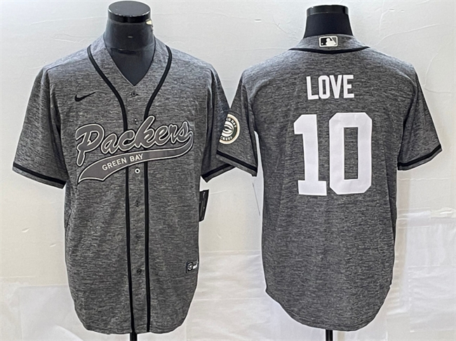 Men's Green Bay Packers #10 Jordan Love Gray Cool Base Stitched Baseball Jersey - Click Image to Close